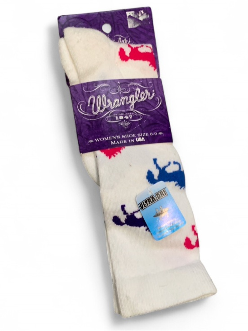 Wrangler Ultra-Dri White High Top Socks with Blue, Pink and Purple Horse Print